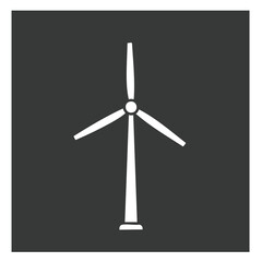 A white icon of a modern three-blade wind turbine on a dark grey square background.
