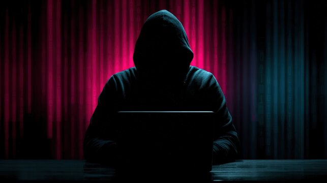 A mysterious hooded figure sits before a glowing screen in a clandestine setting, evoking a sense of secrecy and digital intrigue. ..Created with Generative AI, not depicting real subjects.