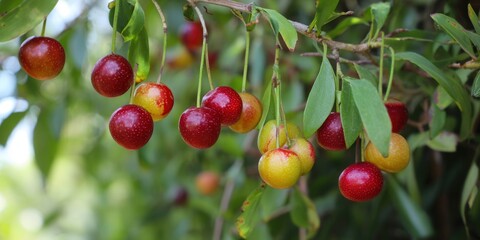 Obraz premium Vibrant red and yellow cherries ripen on a branch, a sweet summer treat.