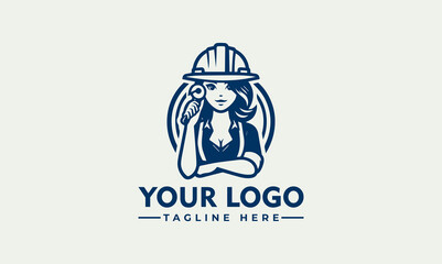 A construction worker woman with a hard hat and wrench, arms crossed in a logo design.
