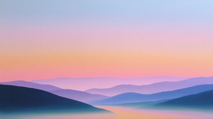 Obraz premium Soft pastel gradients evoke a serene dawn over silhouette of misty hills, creating peaceful mood
