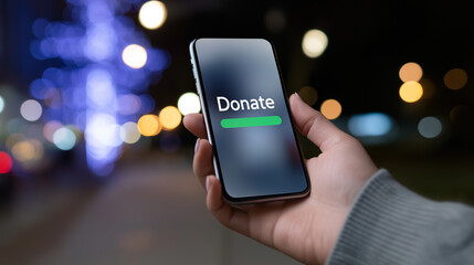 Hand holding smartphone with donate button on screen at night. 
