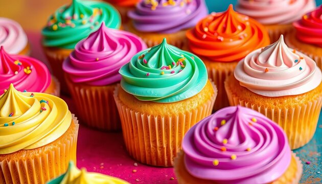 Assorted colorful cupcakes on vibrant backgrounds, close-up,  red velvet,  pastry - Powered by Adobe