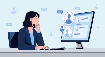 Thoughtful Professional Woman Conducting Online Research On A Personal Computer.