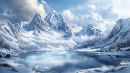 Serene Winter Mountains: A Breathtaking Glacial Lake Scene