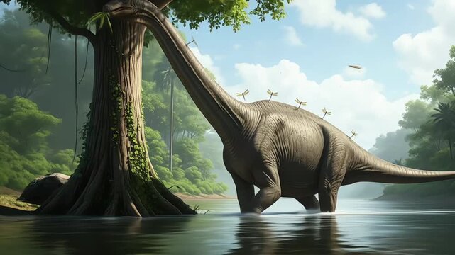 A serene brachiosaurus wading through a tranquil river surrounded by trees.