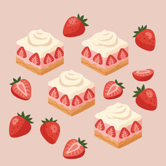 Delightful watercolor-style vector illustration of strawberry dessert squares topped with cream and surrounded by fresh strawberries, perfect for menus or sweet treats.