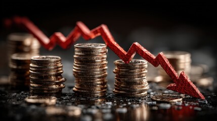 Depicting the economic decline as stacks of coins are overshadowed by a downward-pointing red arrow. ..Created with Generative AI, not depicting real subjects.