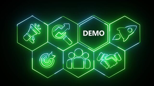 Neon line Business Demo concept animation on abstract technology background with rotating world map icon.4k animation video.