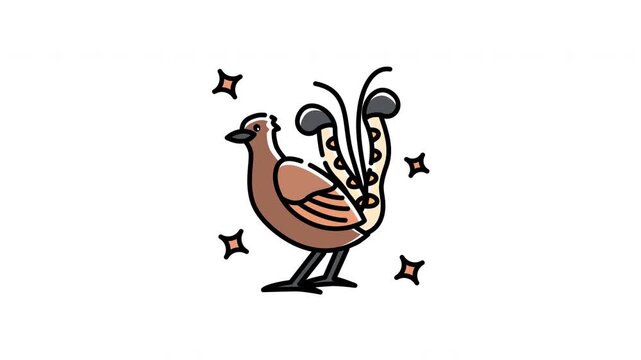 Lyrebird animation shows a crested fireback bird surrounded by stars in its display.