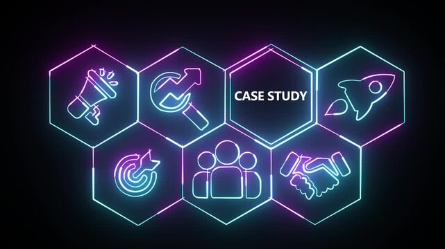 Glowing neon line Case Study business concept from a display of white hexagon shapes and symbols with a blue tint. abstract technology background with rotating world map icon.4k motion video..