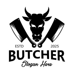 cow butcher logo with crossed knives vector