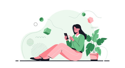 Obraz premium Woman Using Smartphone Near Planted Foliage in Modern Illustrated Style