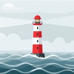 A red and white lighthouse stands tall amidst turbulent ocean waves, surrounded by a misty, cloudy sky, symbolizing guidance and safety.
