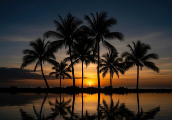 Obraz premium Silhouetted palm trees reflecting in calm water at sunset