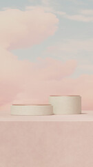 3D render of minimalist podium with pastel pink background, flowing curved shapes, and dreamy sky. Perfect for product display, cosmetic mockup, skincare branding, and advertising design with copy spa