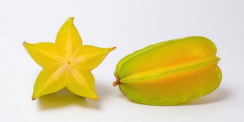 Sliced star fruit displays its iconic star shape on a white background.