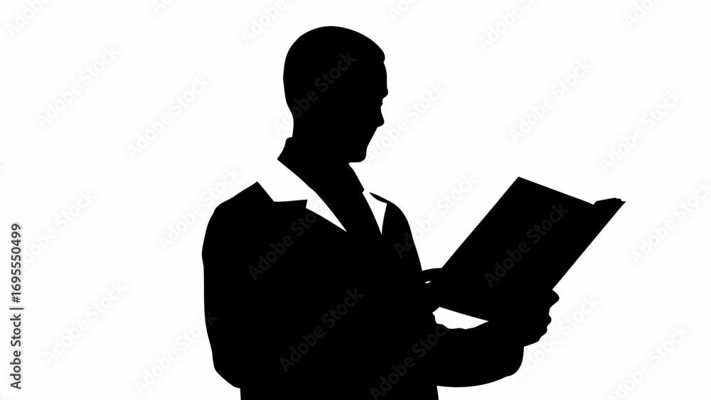 Poster Silhouette of a professional reading a document in a folder with a white background in a studio shot