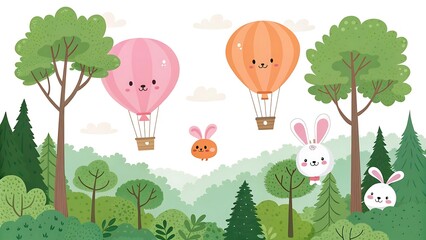 Naklejka premium Cute cartoon forest landscape with trees, balloons and bunnies in vector