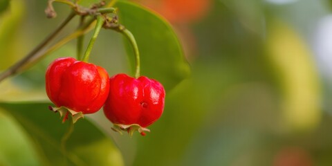 Close-up of two ripe red Surinam cherries hanging from a branch.