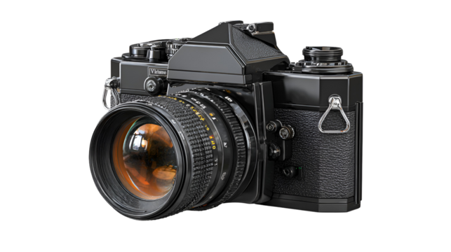 Modern Black SLR Camera Capturing Stunning Visuals on a Transparent Isolated Background