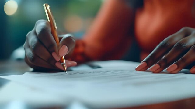 Signing a Contract &ndash; Close-up of a woman&rsquo;s hand writing with a golden pen on official documents, symbolizing agreement, business commitment, and legal authorization.