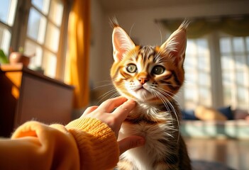 Child's hand gently petting curious cat in sunlit room, friendly, light