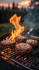 Juicy hamburgers cooking on a grill with flames at sunset