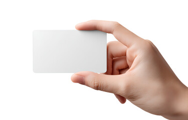 Obraz premium hand holding a blank white plastic card on a transparent background,.png