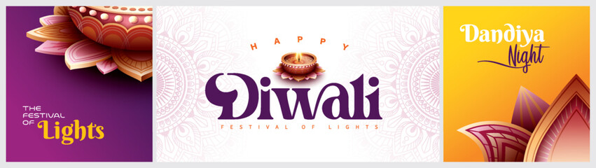 Happy Diwali festival with oil lamp, Rangoli decoration with Diya, Diwali holiday Background with rangoli, Diwali celebration greeting card,vector.