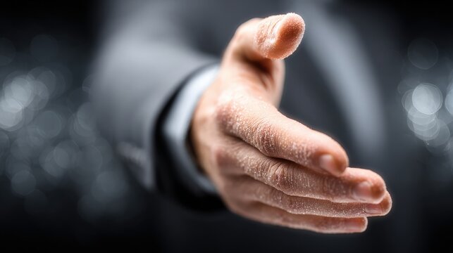 Handshake: A close-up shot of a hand extended, inviting the viewer into a sense of partnership and agreement, perfect for conveying concepts of collaboration and unity.  Generative Ai