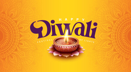 Happy Diwali festival with oil lamp, Rangoli decoration with Diya, Diwali holiday Background with rangoli, Diwali celebration greeting card,vector.