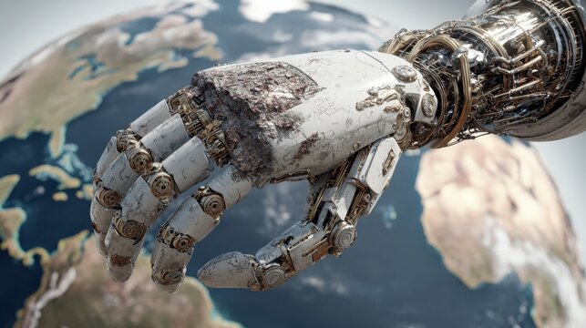 Robotic Hand and Earth: A detailed close-up depicts a weathered robotic hand seemingly reaching out to touch a globe. Symbolizing the intersection of technology and the environment. Generative Ai