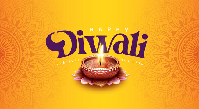 Happy Diwali festival with oil lamp, Rangoli decoration with Diya, Diwali holiday Background with rangoli, Diwali celebration greeting card,vector.