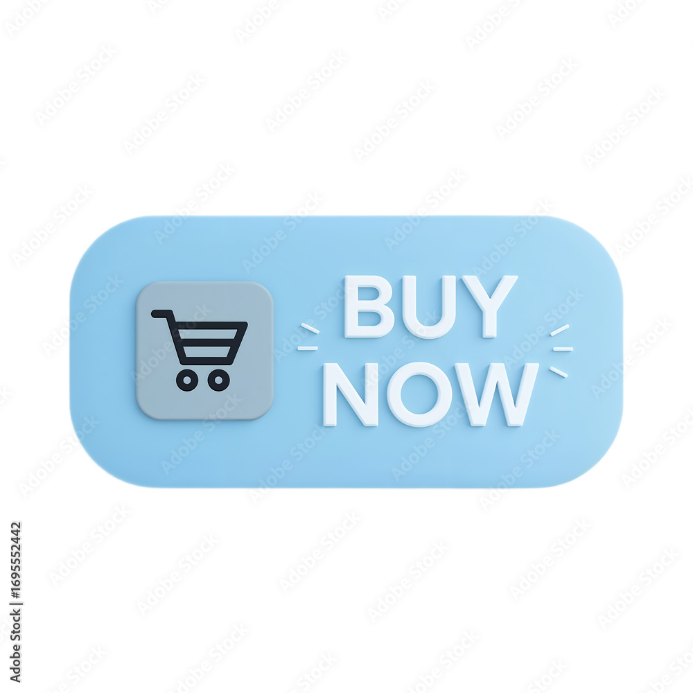 Poster lucid 3d rendered light blue buy now button with a shopping cart icon, isolated on a white backgroun