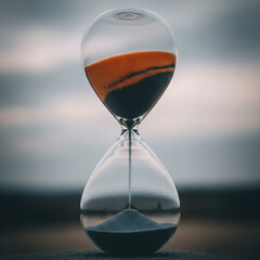 A conceptual shot capturing the passage of time, with a blend of dark and orange sand flowing through a glass timer, representing an important countdown or an end of an era.

