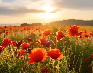 Obraz premium Lush poppy field at sunset (1)