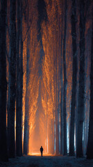 Man Walking Through Forest at Sunset with Warm Light Filtering Through the Trees