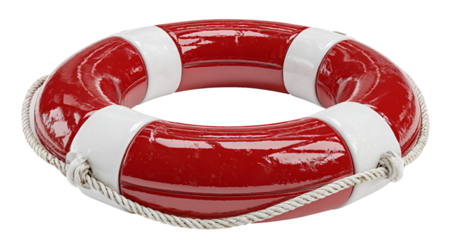 Red and White Life Preserver Ring with Rope on Transparent Background for Water Safety and Nautical Themes