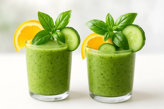 Two glasses of green smoothie with orange and cucumber isolated on white background