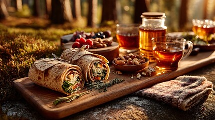 Fresh Wraps and Tea in Nature Setting with Forest Background