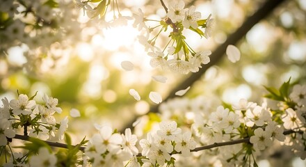 A beautiful springtime scene showcasing delicate white blossoms in soft focus, with petals gently drifting in the sunlight.
