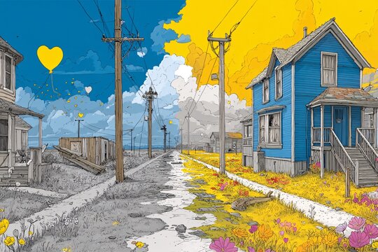 Vibrant Landscape with Colorful Houses and Flourishing Nature