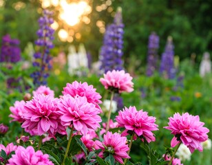 Fototapeta premium Vibrant pink dahlias in a flower garden at sunset