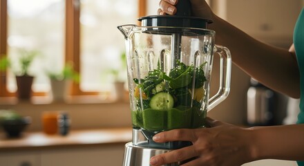 Closeup of Hands Preparing Fresh Green Smoothie in a Blender in a Sunny Kitchen