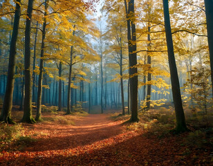 Beautiful autumn colors in the forest with blue shade at sunrise.