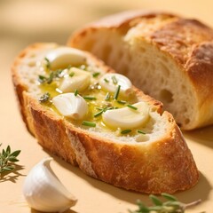 4k high quality Ai generative HD art work photo realistic store business menu sell selling restaurant cafe roasted grilled garlic baguette bread with cheese and chives plate closeup butter