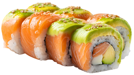 Row of Salmon Avocado Sushi Rolls with Sesame Seeds Isolated on Transparent Background for Food Photography