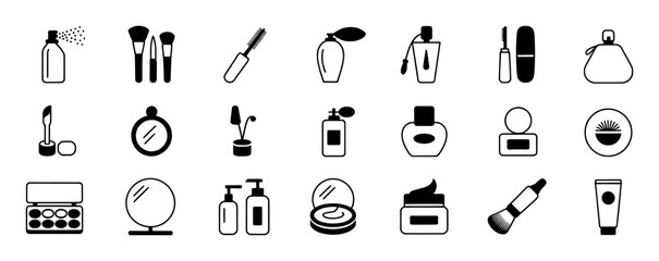 Collection of Black and White Icons Representing Various Cosmetic Products