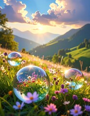 Lens Spheres Reflecting a Blooming Meadow at Sunset, Magical Landscape with Dreamy Reflections of Flowers and Golden Light in Glass Orbs